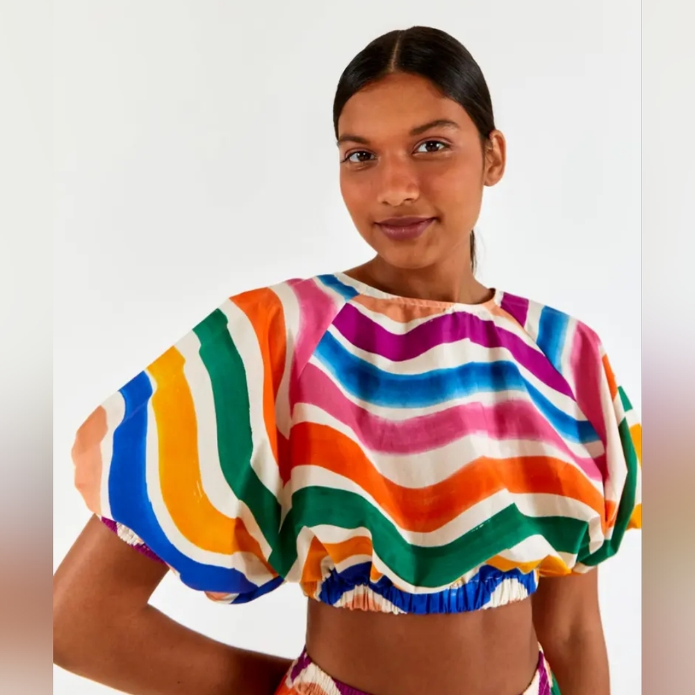NWT FARM Rio 'Dancing Stripes' Puff Sleeve Crop Top, Size XS